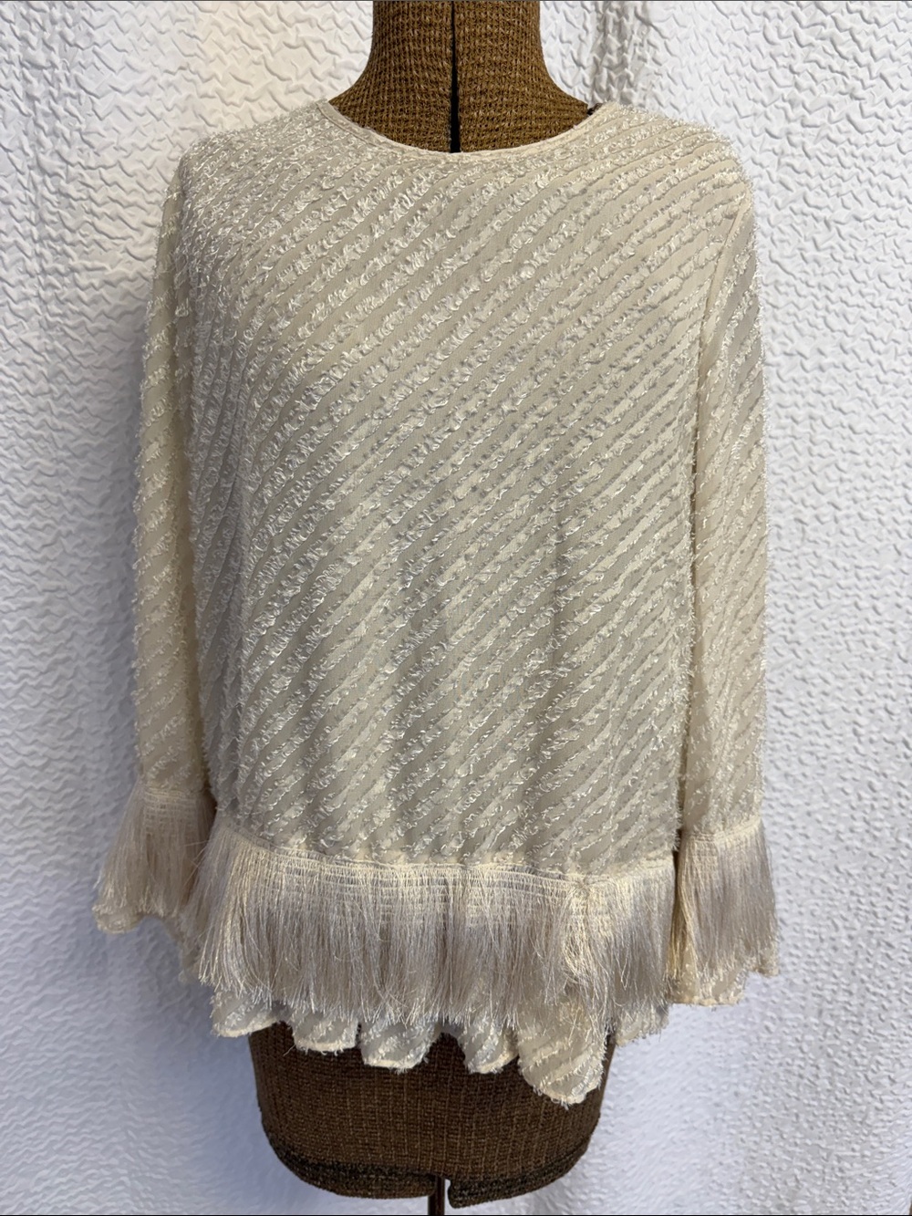 Max Studio Cream Textured Eyelash Ribbon Fringe Top NWT whimsy goth angelcore